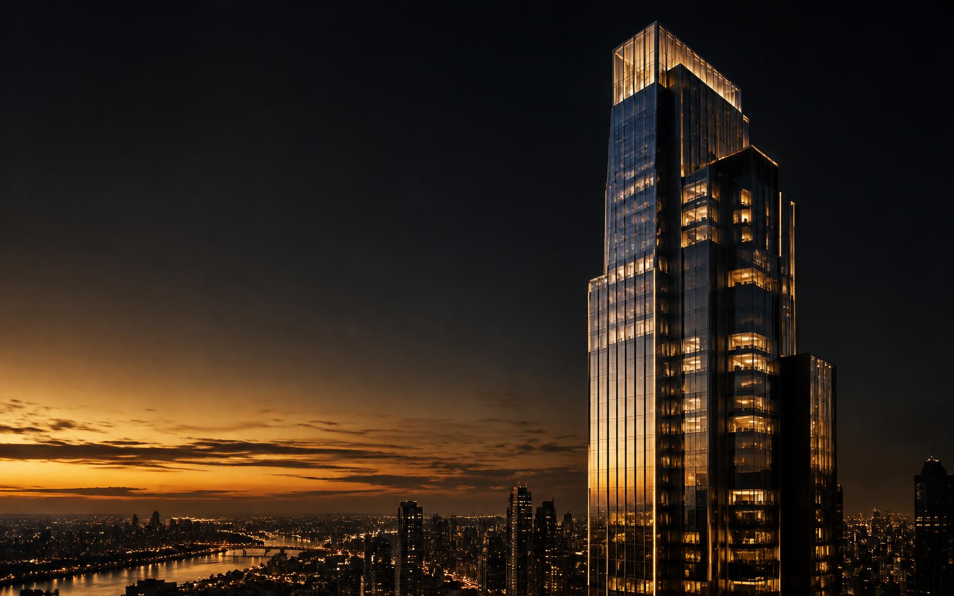 Illuminated skyscraper at dusk